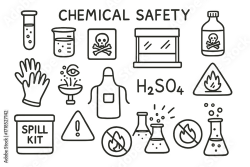 Chemical Safety Doodles. Hand-drawn doodle illustration [Chemical safety] [test tube, beaker, safety label, chemical bottle, gloves, eye wash station, fume