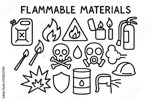 Flammable Doodle Icons. Hand-drawn doodle illustration Flammable materials [fire flame, gas canister, matchstick, lighter, candle, warning triangle, skull