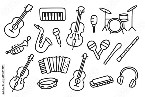 Musical Instruments Doodle. Hand-drawn doodle illustration music instruments guitar, piano, violin, drum set, trumpet, saxophone, microphone, flute,