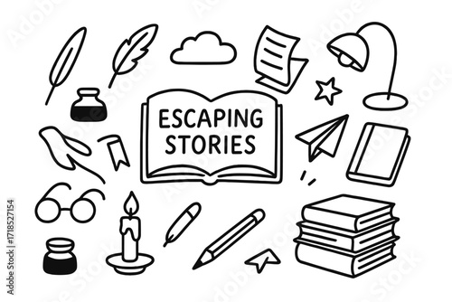 Literary Escape Adventure. Hand-drawn doodle illustration Escaping stories Book, flying pages, quill, feather, ink bottle, bookmark, paper airplane, glasses,