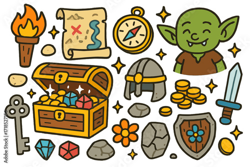 Treasure Dungeon Adventure. Colorful Hand-drawn doodle Children illustration Treasure dungeon golden chest, sparkling gems, coin pile, smiling