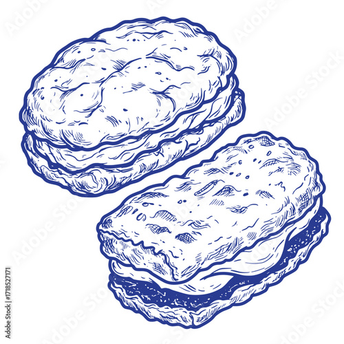 Hand drawn illustration of two deliciously detailed biscuit sandwich food elements