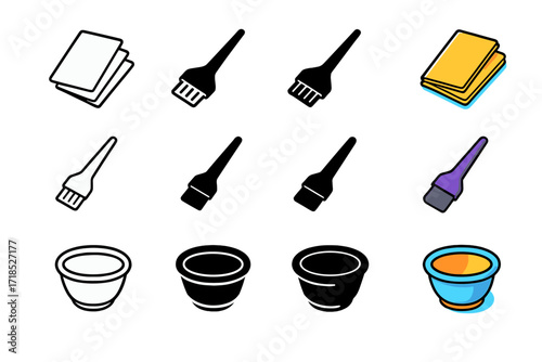 Hair Foiling Icons. Icon Set of Hair Foiling Essentials: Foil strips, Tint brush, Mixing bowl. Icons set in vector style, emblematic variations. Foil strips