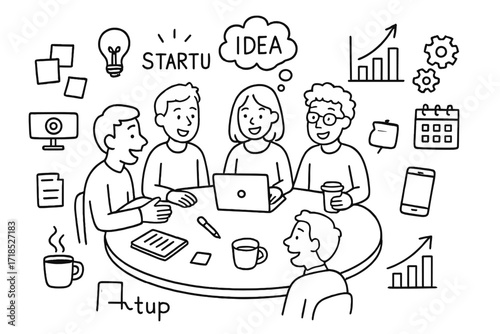 Startup Meeting Doodles. Hand-drawn doodle illustration [friends in a startup meeting] [round table, laptop, notebook, pen, coffee cup, sticky notes,