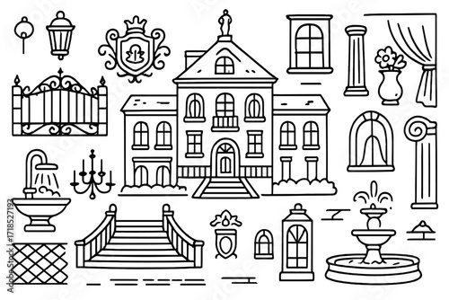 Bourgeois Mansion Outline. Hand-drawn doodle illustration bourgeois architecture grand mansion, wrought iron gate, arched window, column, balcony, chandelier,