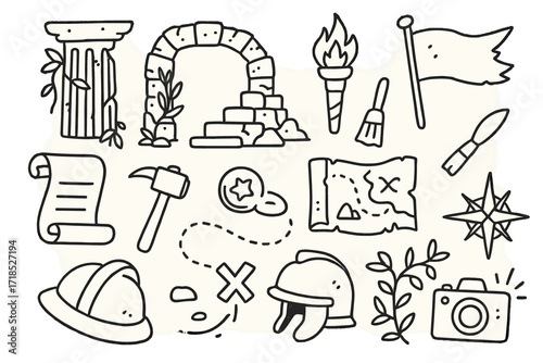 Ancient Ruins Adventure. Hand-drawn doodle illustration ancient ruins adventure broken pillar, stone steps, torchlight, ruins map, tattered flag, digging