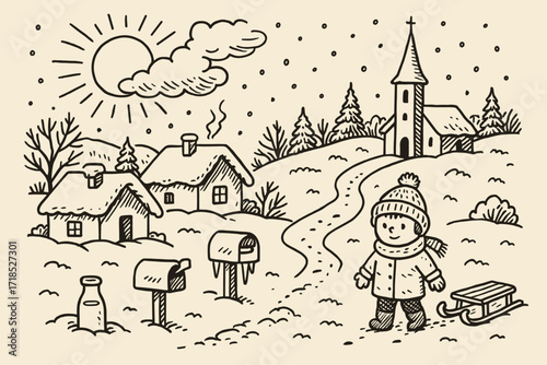 Snowy Village Morning. Hand-drawn doodle illustration [morning in snowy village] [sun behind clouds, small houses, snowy roofs, chimney, milk bottle, child in