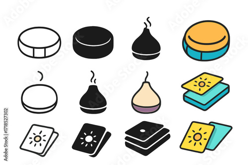 Mindfulness Icon Set. Icon Set of Mindfulness Gifts: Meditation Cushion, Aroma Diffuser, Affirmation Cards. Icons set in vector style, emblematic variations.