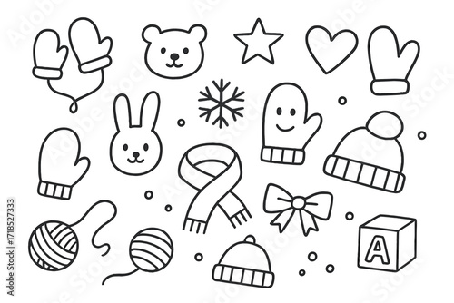 Children's Mittens Doodles. Hand-drawn doodle illustration Children?s winter mittens [small mitten pair, teddy bear face, star, heart, snowflake, bunny ears