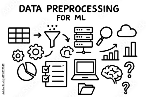 Data Workflow Doodles. Hand-drawn doodle illustration Data preprocessing for ML [dataset table, gear, funnel, arrows, server, cloud, magnifying glass, bar