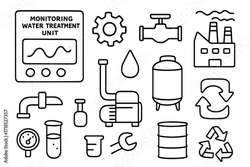 Water Treatment Doodle. Hand-drawn doodle illustration monitoring water treatment unit control panel, screen, gear, valve, droplet, pipe, tank, pump, gauge,