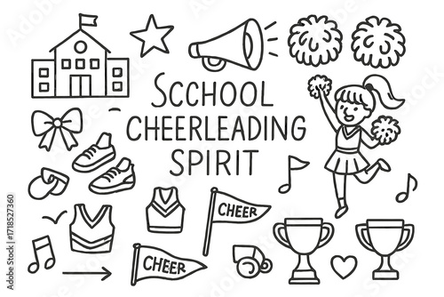 Cheerleading Spirit Doodles. Hand-drawn doodle illustration School Cheerleading Spirit [school building, star, megaphone, pom-poms, cheerleader, sneakers, bow,