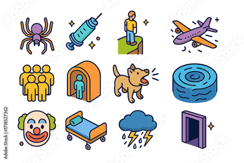 Phobia Icon Set. Colorful isometric vector icons set of Phobias: spider, syringe, height cliff, airplane turbulence, crowd of people, tight tunnel, barking