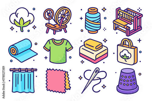 Colorful Cotton Craft Icons. Colorful isometric vector icons set of cotton fabric: raw cotton boll, spinning wheel, cotton thread spool, handloom machine,