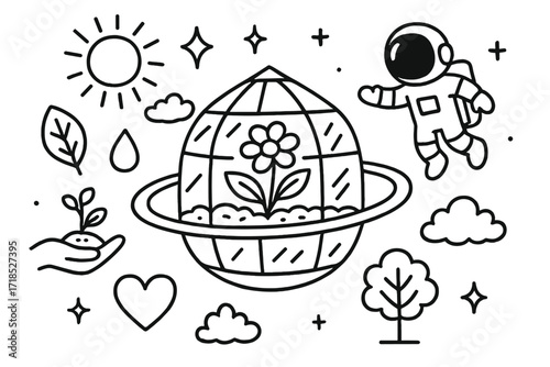 Orbital Greenhouse Doodle. Hand-drawn doodle illustration Greenhouse in orbit [dome, glass panels, plant, leaf, flower, water droplet, astronaut, sun, star,
