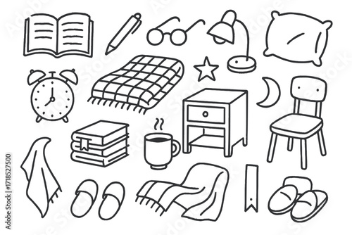 Bedtime Study Icons. Hand-drawn doodle illustration studying before bed open book, pen, glasses, lamp, pillow, clock, blanket, stack of books, bookmark,
