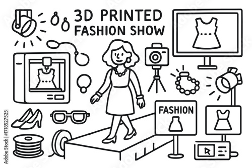 3D Fashion Show Doodles. Hand-drawn doodle illustration 3D printed fashion show [runway, model, earrings, necklace, bracelet, glasses, 3D printer, fashion