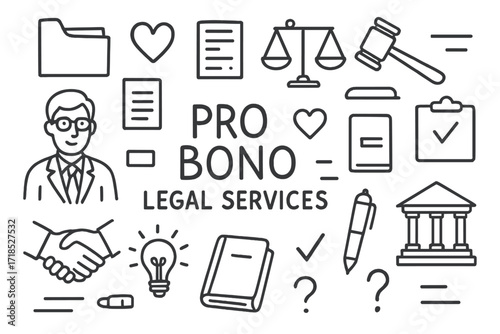 Pro Bono Legal Icons. Hand-drawn doodle illustration Pro bono legal services [lawyer, heart, gavel, scales of justice, folder, document, calendar, clipboard,