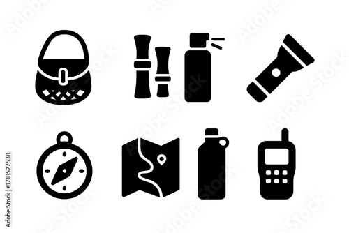 Hunting Gear Icons. Solid, filled icon set of hunting accessories: game bag, calls, scent eliminator, flashlight, compass, map, water bottle, walkie talkie.