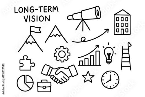 Vision Icons Doodle. Hand-drawn doodle illustration Long-term vision telescope, mountain, flag, arrow, office building, puzzle piece, gear, handshake, bar