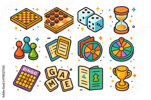 Classic Board Games Icons. Colorful isometric vector icons set of Classic board games: chess board, checkers setup, dice roll, game timer, player tokens, score
