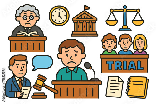 Courtroom Doodle Characters. Colorful Hand-drawn doodle Children illustration Defendant?s expression during trial [defendant, judge, lawyer, jury, gavel,