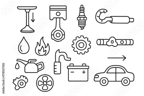 Engine Components Doodle. Hand-drawn doodle illustration four-stroke engine intake valve, piston, spark plug, fuel droplet, flame, exhaust pipe, crankshaft,