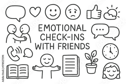 Emotional Check-In Icons. Hand-drawn doodle illustration Emotional check-ins with friends [speech bubble, heart icon, smiling face, worried face, thumbs up,