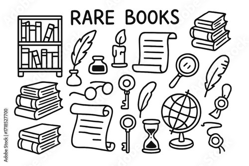 Rare Books Doodles. Hand-drawn doodle illustration Rare books collection, bookshelf, stacked books, quill, ink bottle, parchment, candle, feather, magnifying