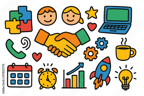 Teamwork Doodle Illustration. Teamwork. Colorful Hand-drawn doodle Children illustration puzzle pieces, handshake, laptop, coffee cup, gears, star, heart,