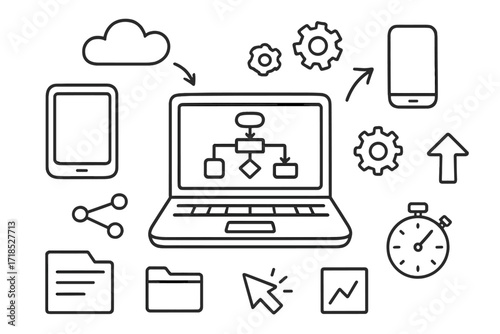 Digital Workflow Doodles. Hand-drawn doodle illustration Digital workflow laptop, tablet, smartphone, cloud, arrows, gears, flowchart, cursor, document,