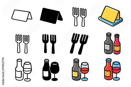 Formal Dining Icons. Icon Set of Formal Dining Etiquette: Place card, Multiple forks, Wine pairing. Icons set in vector style, emblematic variations. Place