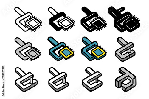 Computer Repair Logo Set. Set Logo of Computer Repair Tools: CPU holder clamp. Logo set in vector style, emblematic variations. line, bold thick line, solid