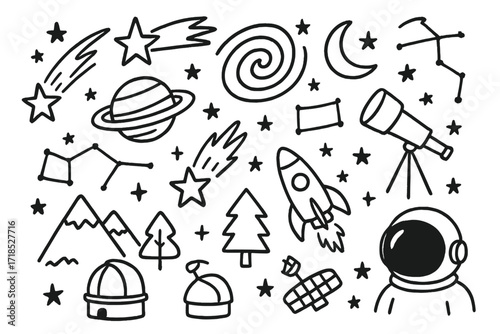Cosmic Doodle Icons. Hand-drawn doodle illustration cosmic meteor shower shooting star, comet, stars, moon, planet, galaxy swirl, meteor trail, telescope,