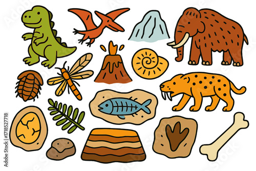 Prehistoric Doodle Adventure. Colorful Hand-drawn doodle Children illustration Prehistoric life [dinosaur, mammoth, saber-tooth tiger, trilobite, ammonite,