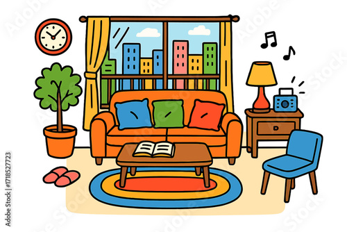 City Apartment Doodle. Colorful Hand-drawn doodle Children illustration City Apartment Lounge large window, sofa, coffee table, cushions, skyline, indoor tree,