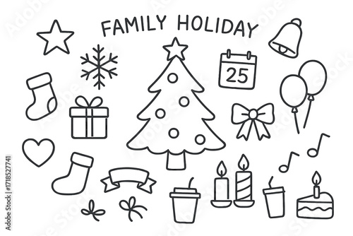 Family Holiday Doodle. Hand-drawn doodle illustration organizing family holiday celebration Christmas tree, star, snowflake, bell, gift box, stocking, heart,