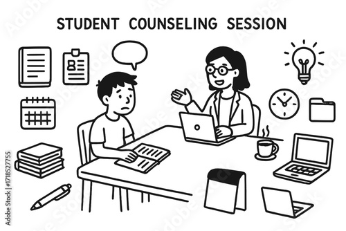Student Counseling Doodles. Hand-drawn doodle illustration Student Counseling Session [student, mentor, table, chair, speech bubble, notebook, books, calendar,