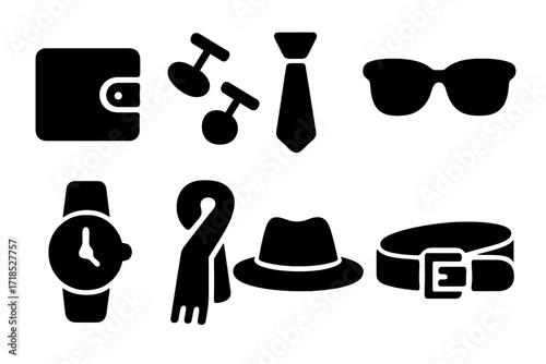 Luxury Accessory Icons. Solid, filled icon set of luxury fashion accessories: leather wallet, cufflinks, silk tie, designer sunglasses, watch, scarf, hat,