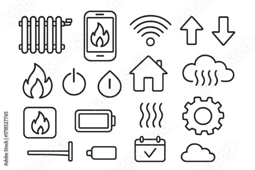 Remote Heating Control Icons. Hand-drawn doodle illustration Remote Heating Control radiator icon, phone screen, wifi signal, up arrow, down arrow, flame icon,
