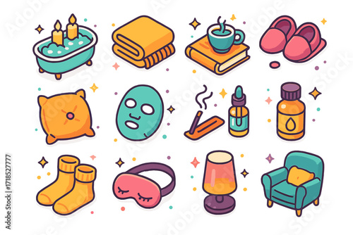 Cozy Home Relaxation Icons. Colorful isometric vector icons set of holiday relaxation at home: candlelight bath, soft blanket, book with tea, slippers, cozy