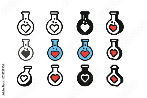 Love Potion Logos. Set Logo of Flasks: Flask with heart symbol (love potion). Logo set in vector style, emblematic variations. line, bold thick line, solid