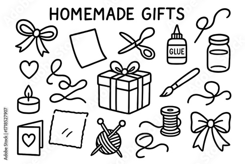 Crafting Homemade Gifts. Homemade Gifts. Hand-drawn doodle illustration homemade gifts gift box, ribbon, scissors, glue, paper, paintbrush, jar, candle, heart,