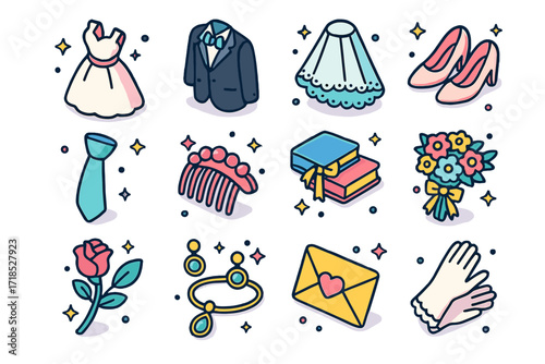 Wedding Essentials Icons. Colorful isometric vector icons set of Bride and groom essentials: bridal gown, tuxedo suit, veil with lace, wedding shoes, groom?s