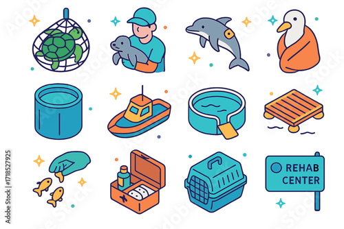 Marine Wildlife Rescue Icons. Colorful isometric vector icons set of marine wildlife rescue efforts: rescued turtle in net, vet holding seal pup, tagged