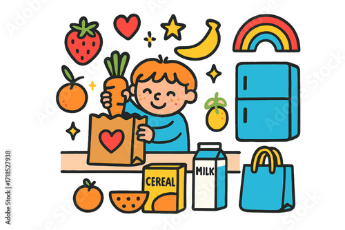 Joyful Grocery Unpacking. Colorful Hand-drawn doodle Children illustration Grocery unpacking with love paper bag, heart icon, carrot, banana, strawberry,