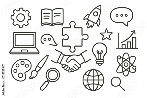 Creative Collaboration Icons. Hand-drawn doodle illustration Shared problem solving puzzle piece, handshake, gear, book, laptop, rocket, paintbrush, palette,
