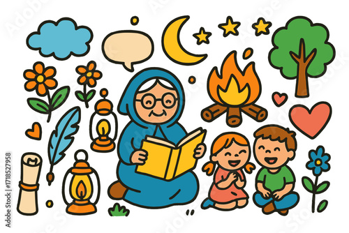 Magical Story Time. Storytelling. Colorful Hand-drawn doodle Children illustration elder figure, book, campfire, star, moon, tree, heart, lantern, scroll,