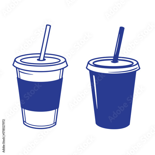Two blue illustrated takeout coffee cups with straws vector graphic elements