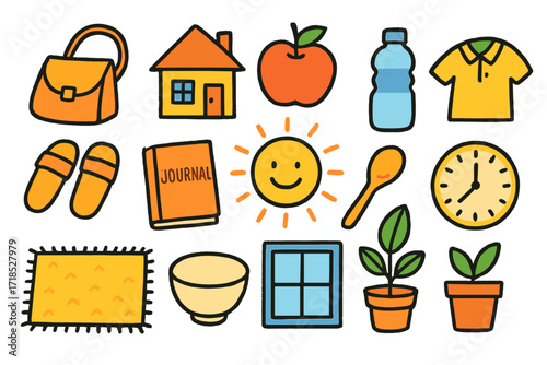 Colorful Living Essentials Icons. Colorful Hand-drawn doodle Children illustration Simple Living essentials bag, house, apple, water bottle, folded shirt,